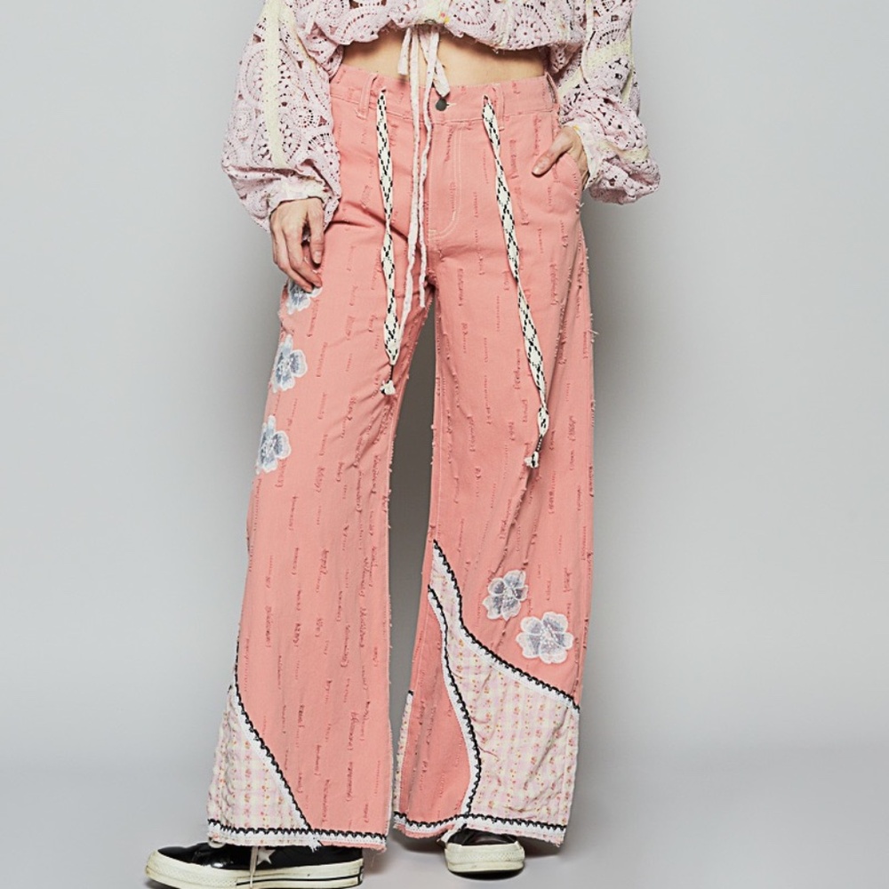 New POL Floral Patchwork Embroidered Drawstring Jeans Relaxed Fit Pants Pink